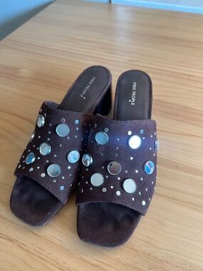 Free People Dark Brown Suede Slide Mules with Mirror Studs